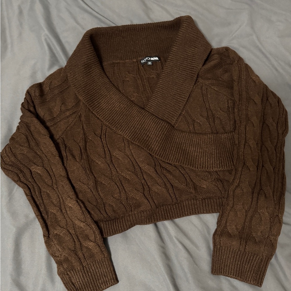 Fashion Nova Chocolate Cropped Cable Knit Sweater